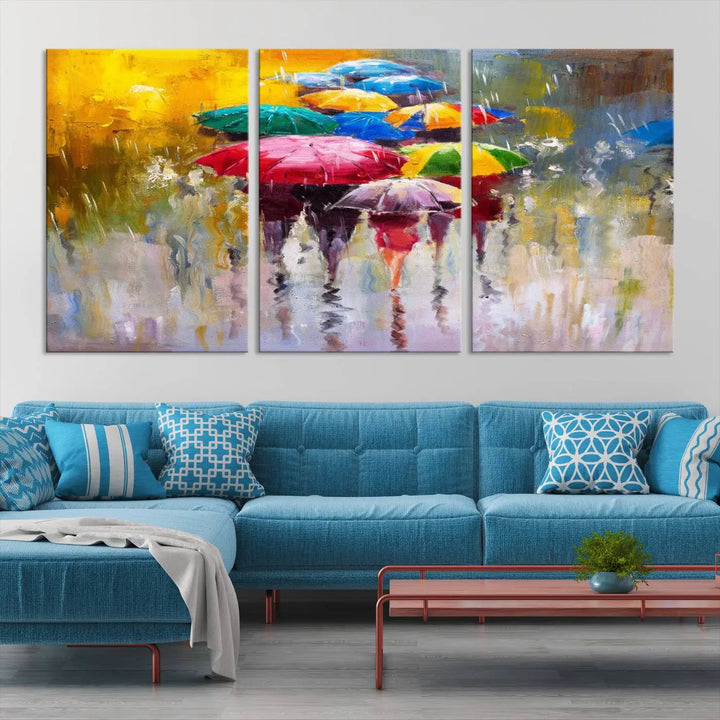 Featuring a vibrant depiction of people with umbrellas, the Colorful Canvas Painting of Umbrellas Wall Art is printed on museum-quality canvas. It arrives ready to hang and comes with a UV-protective coating to maintain its vivid colors over time.