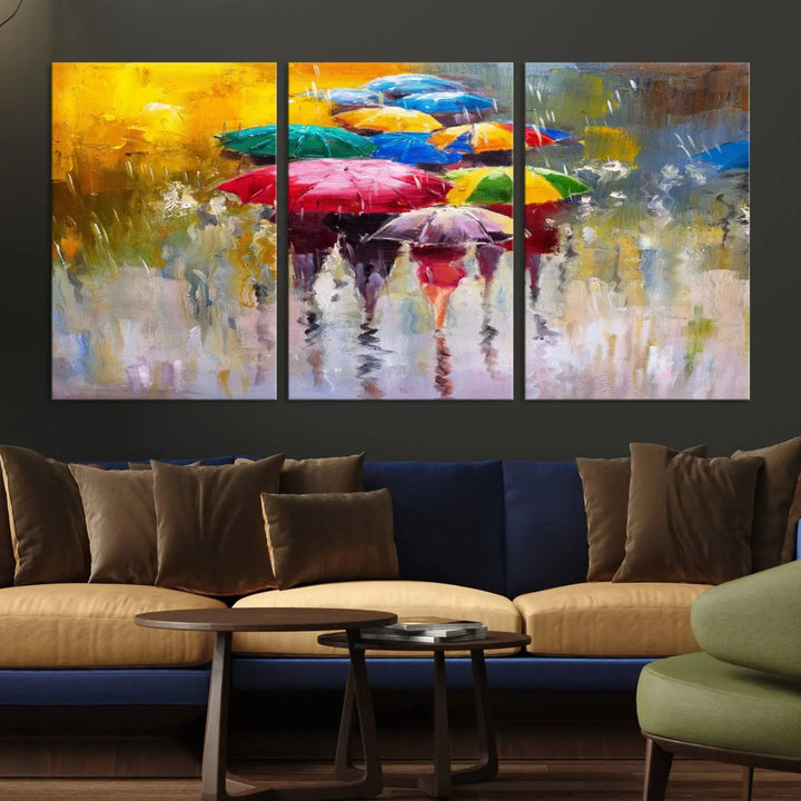 Featuring a vibrant depiction of people with umbrellas, the Colorful Canvas Painting of Umbrellas Wall Art is printed on museum-quality canvas. It arrives ready to hang and comes with a UV-protective coating to maintain its vivid colors over time.