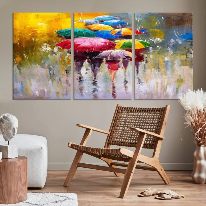 Featuring a vibrant depiction of people with umbrellas, the Colorful Canvas Painting of Umbrellas Wall Art is printed on museum-quality canvas. It arrives ready to hang and comes with a UV-protective coating to maintain its vivid colors over time.