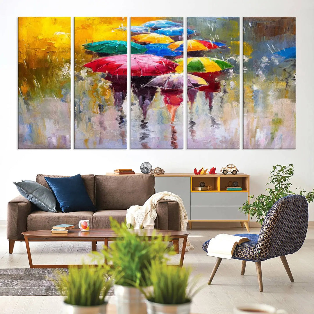 Featuring a vibrant depiction of people with umbrellas, the Colorful Canvas Painting of Umbrellas Wall Art is printed on museum-quality canvas. It arrives ready to hang and comes with a UV-protective coating to maintain its vivid colors over time.