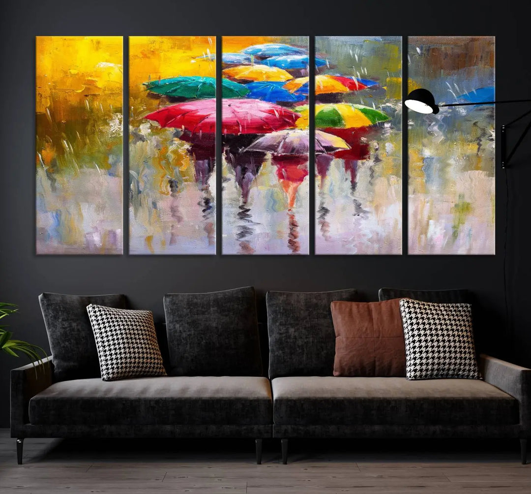 Featuring a vibrant depiction of people with umbrellas, the Colorful Canvas Painting of Umbrellas Wall Art is printed on museum-quality canvas. It arrives ready to hang and comes with a UV-protective coating to maintain its vivid colors over time.