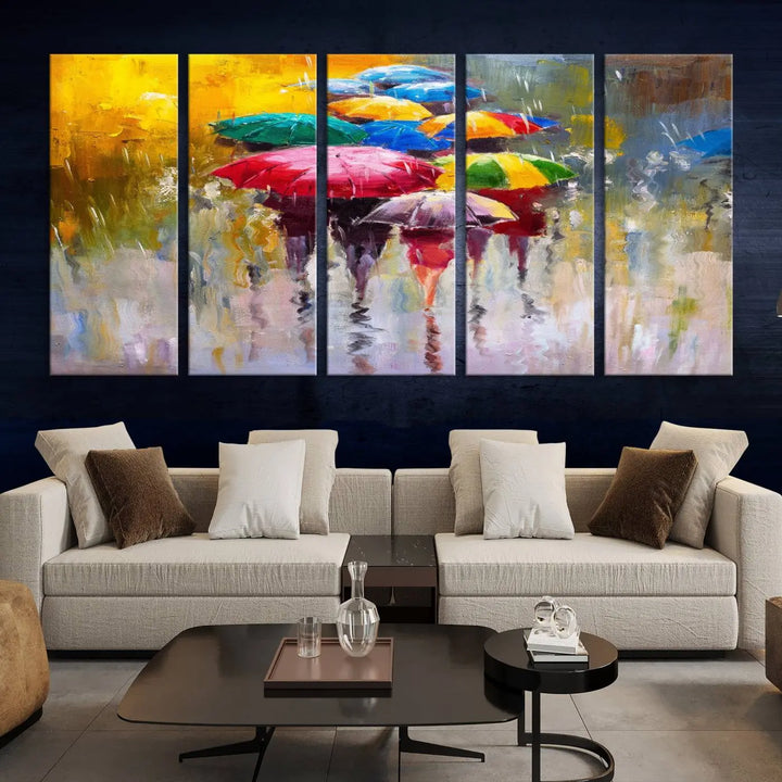 Featuring a vibrant depiction of people with umbrellas, the Colorful Canvas Painting of Umbrellas Wall Art is printed on museum-quality canvas. It arrives ready to hang and comes with a UV-protective coating to maintain its vivid colors over time.