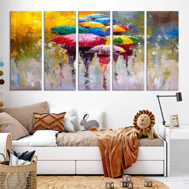 Featuring a vibrant depiction of people with umbrellas, the Colorful Canvas Painting of Umbrellas Wall Art is printed on museum-quality canvas. It arrives ready to hang and comes with a UV-protective coating to maintain its vivid colors over time.