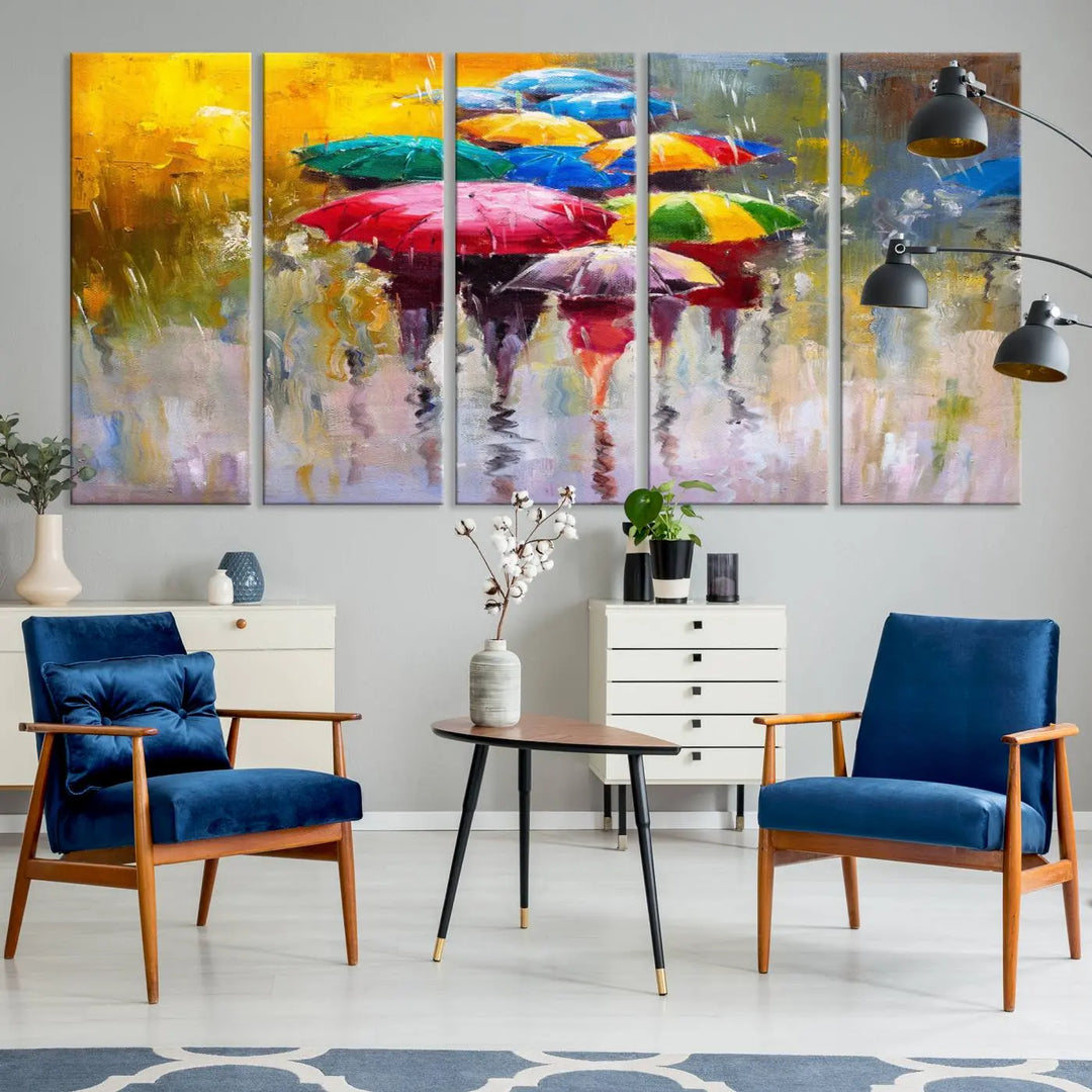 Featuring a vibrant depiction of people with umbrellas, the Colorful Canvas Painting of Umbrellas Wall Art is printed on museum-quality canvas. It arrives ready to hang and comes with a UV-protective coating to maintain its vivid colors over time.