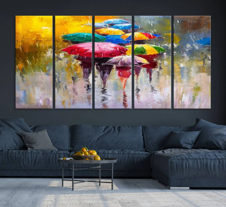 Featuring a vibrant depiction of people with umbrellas, the Colorful Canvas Painting of Umbrellas Wall Art is printed on museum-quality canvas. It arrives ready to hang and comes with a UV-protective coating to maintain its vivid colors over time.