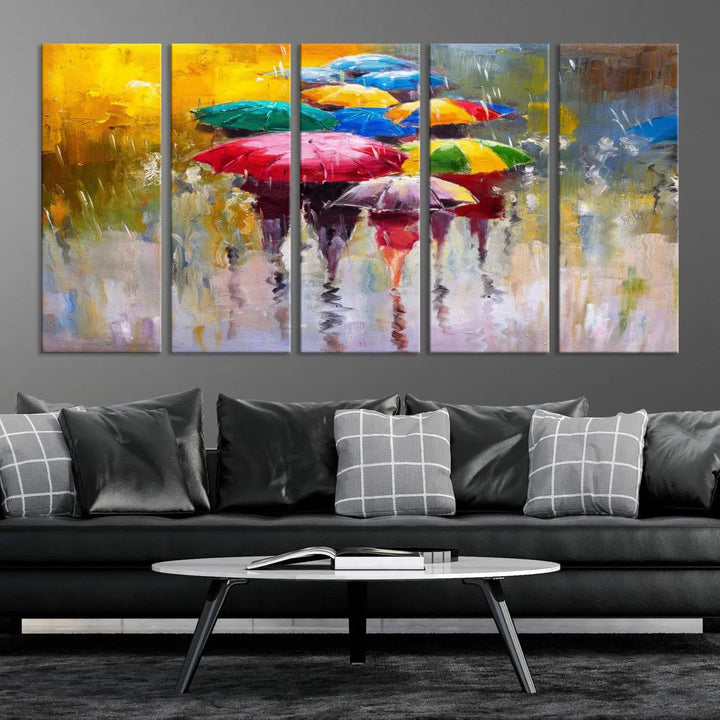 Featuring a vibrant depiction of people with umbrellas, the Colorful Canvas Painting of Umbrellas Wall Art is printed on museum-quality canvas. It arrives ready to hang and comes with a UV-protective coating to maintain its vivid colors over time.