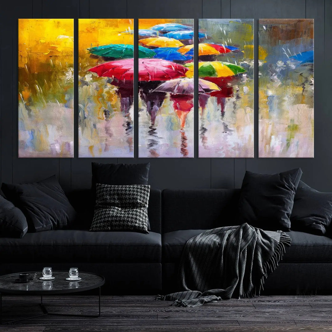 Featuring a vibrant depiction of people with umbrellas, the Colorful Canvas Painting of Umbrellas Wall Art is printed on museum-quality canvas. It arrives ready to hang and comes with a UV-protective coating to maintain its vivid colors over time.