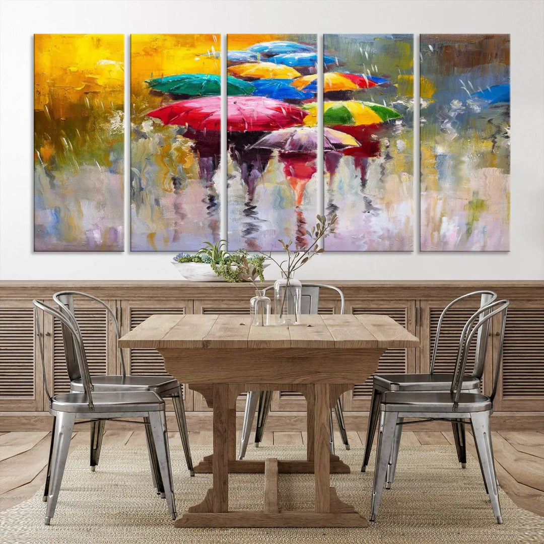 Featuring a vibrant depiction of people with umbrellas, the Colorful Canvas Painting of Umbrellas Wall Art is printed on museum-quality canvas. It arrives ready to hang and comes with a UV-protective coating to maintain its vivid colors over time.