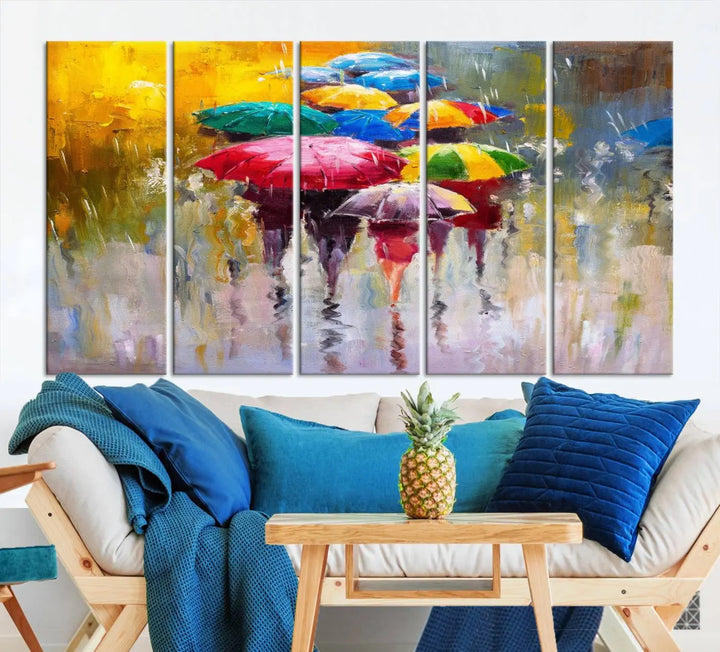 Featuring a vibrant depiction of people with umbrellas, the Colorful Canvas Painting of Umbrellas Wall Art is printed on museum-quality canvas. It arrives ready to hang and comes with a UV-protective coating to maintain its vivid colors over time.