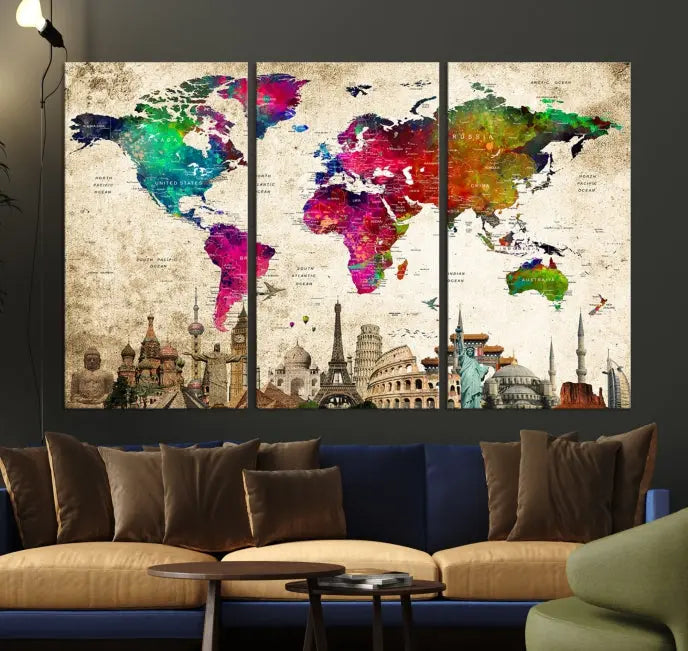 The Colorful Canvas World Map Painting Wall Art Print adds a travel-inspired charm to any room, featuring vibrant regions and iconic landmarks such as the Eiffel Tower and Colosseum. This canvas wall art brings an elegant touch to any space.