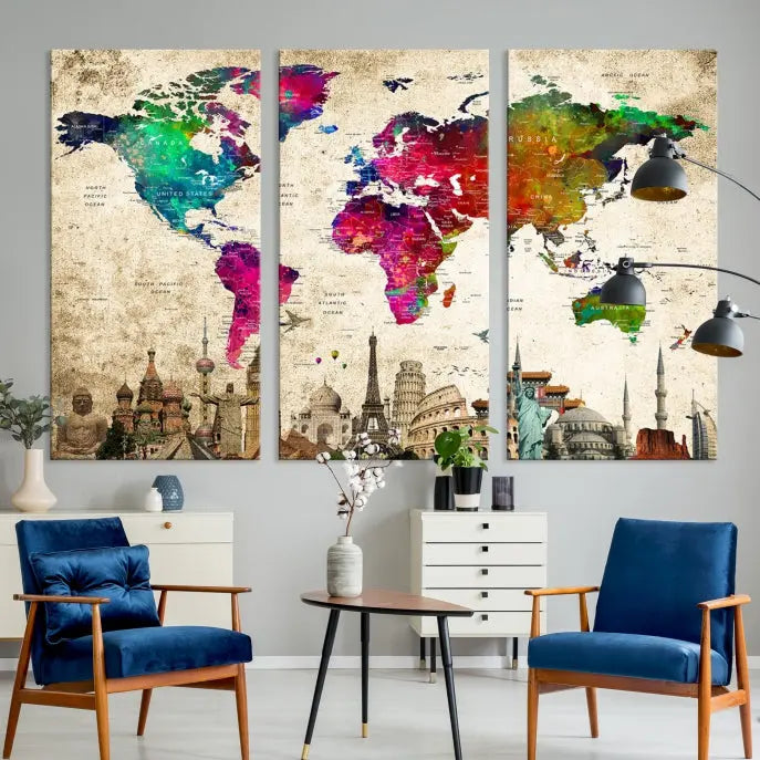 The Colorful Canvas World Map Painting Wall Art Print adds a travel-inspired charm to any room, featuring vibrant regions and iconic landmarks such as the Eiffel Tower and Colosseum. This canvas wall art brings an elegant touch to any space.