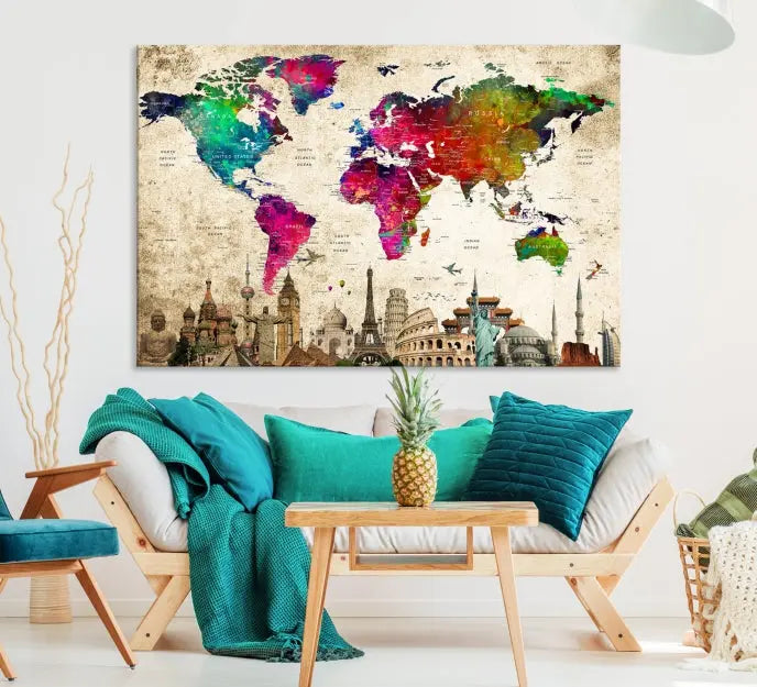 The Colorful Canvas World Map Painting Wall Art Print adds a travel-inspired charm to any room, featuring vibrant regions and iconic landmarks such as the Eiffel Tower and Colosseum. This canvas wall art brings an elegant touch to any space.