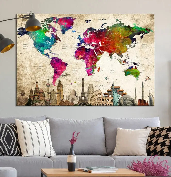 The Colorful Canvas World Map Painting Wall Art Print adds a travel-inspired charm to any room, featuring vibrant regions and iconic landmarks such as the Eiffel Tower and Colosseum. This canvas wall art brings an elegant touch to any space.