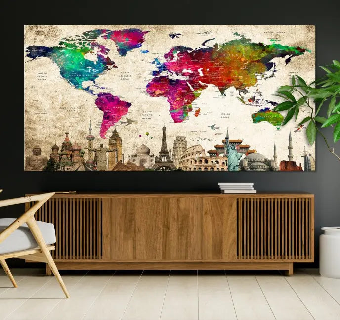 The Colorful Canvas World Map Painting Wall Art Print adds a travel-inspired charm to any room, featuring vibrant regions and iconic landmarks such as the Eiffel Tower and Colosseum. This canvas wall art brings an elegant touch to any space.