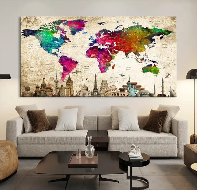 The Colorful Canvas World Map Painting Wall Art Print adds a travel-inspired charm to any room, featuring vibrant regions and iconic landmarks such as the Eiffel Tower and Colosseum. This canvas wall art brings an elegant touch to any space.