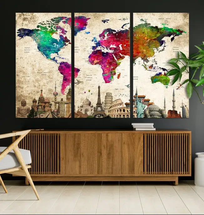 The Colorful Canvas World Map Painting Wall Art Print adds a travel-inspired charm to any room, featuring vibrant regions and iconic landmarks such as the Eiffel Tower and Colosseum. This canvas wall art brings an elegant touch to any space.