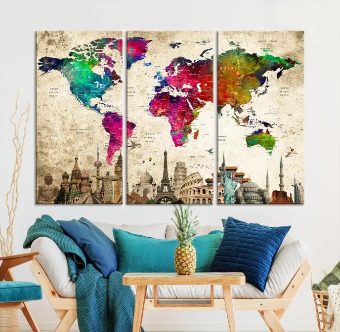 The Colorful Canvas World Map Painting Wall Art Print adds a travel-inspired charm to any room, featuring vibrant regions and iconic landmarks such as the Eiffel Tower and Colosseum. This canvas wall art brings an elegant touch to any space.