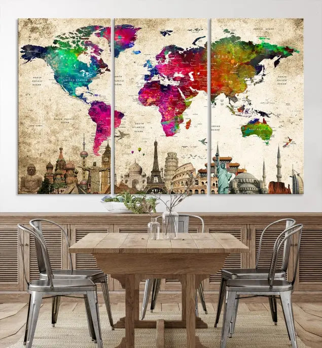 The Colorful Canvas World Map Painting Wall Art Print adds a travel-inspired charm to any room, featuring vibrant regions and iconic landmarks such as the Eiffel Tower and Colosseum. This canvas wall art brings an elegant touch to any space.