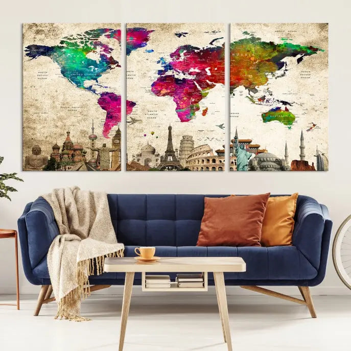 The Colorful Canvas World Map Painting Wall Art Print adds a travel-inspired charm to any room, featuring vibrant regions and iconic landmarks such as the Eiffel Tower and Colosseum. This canvas wall art brings an elegant touch to any space.