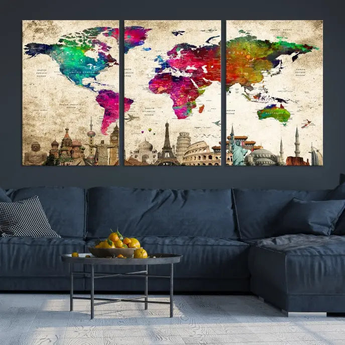 The Colorful Canvas World Map Painting Wall Art Print adds a travel-inspired charm to any room, featuring vibrant regions and iconic landmarks such as the Eiffel Tower and Colosseum. This canvas wall art brings an elegant touch to any space.