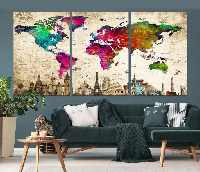 The Colorful Canvas World Map Painting Wall Art Print adds a travel-inspired charm to any room, featuring vibrant regions and iconic landmarks such as the Eiffel Tower and Colosseum. This canvas wall art brings an elegant touch to any space.