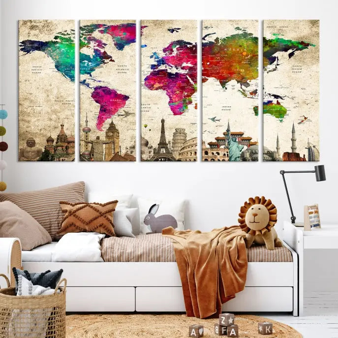 The Colorful Canvas World Map Painting Wall Art Print adds a travel-inspired charm to any room, featuring vibrant regions and iconic landmarks such as the Eiffel Tower and Colosseum. This canvas wall art brings an elegant touch to any space.