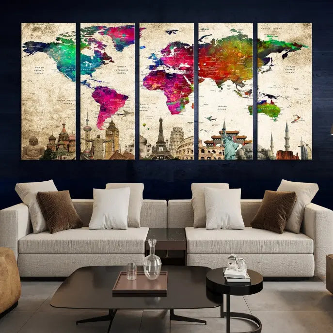 The Colorful Canvas World Map Painting Wall Art Print adds a travel-inspired charm to any room, featuring vibrant regions and iconic landmarks such as the Eiffel Tower and Colosseum. This canvas wall art brings an elegant touch to any space.