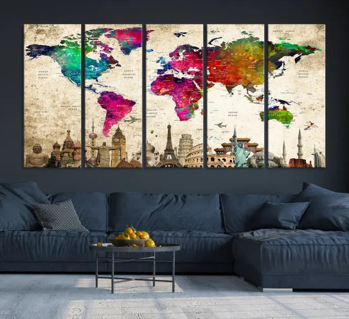 The Colorful Canvas World Map Painting Wall Art Print adds a travel-inspired charm to any room, featuring vibrant regions and iconic landmarks such as the Eiffel Tower and Colosseum. This canvas wall art brings an elegant touch to any space.