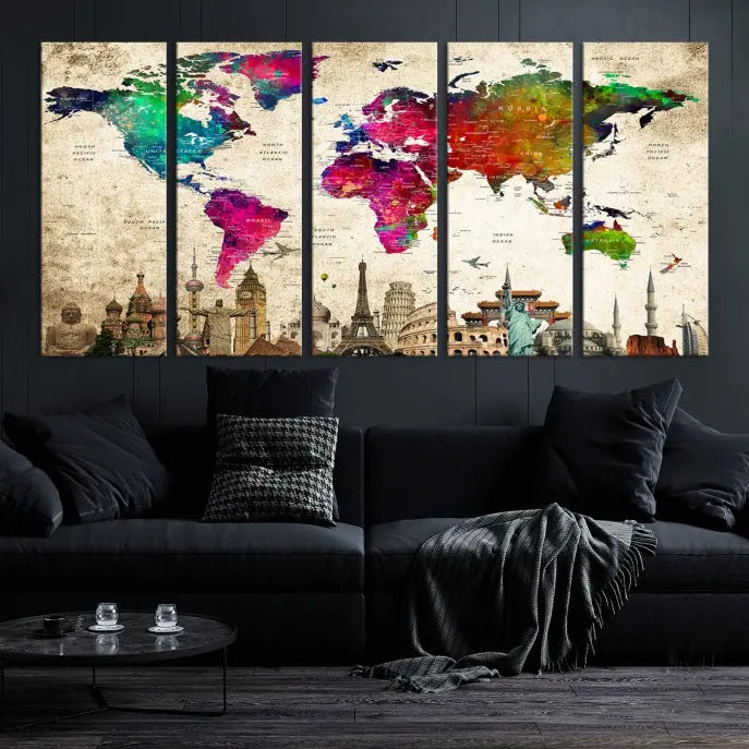 The Colorful Canvas World Map Painting Wall Art Print adds a travel-inspired charm to any room, featuring vibrant regions and iconic landmarks such as the Eiffel Tower and Colosseum. This canvas wall art brings an elegant touch to any space.