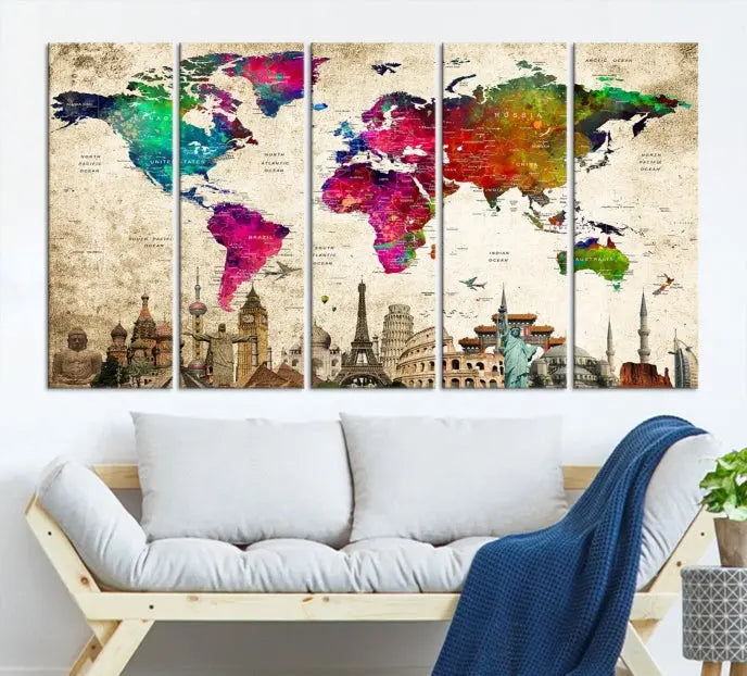 The Colorful Canvas World Map Painting Wall Art Print adds a travel-inspired charm to any room, featuring vibrant regions and iconic landmarks such as the Eiffel Tower and Colosseum. This canvas wall art brings an elegant touch to any space.