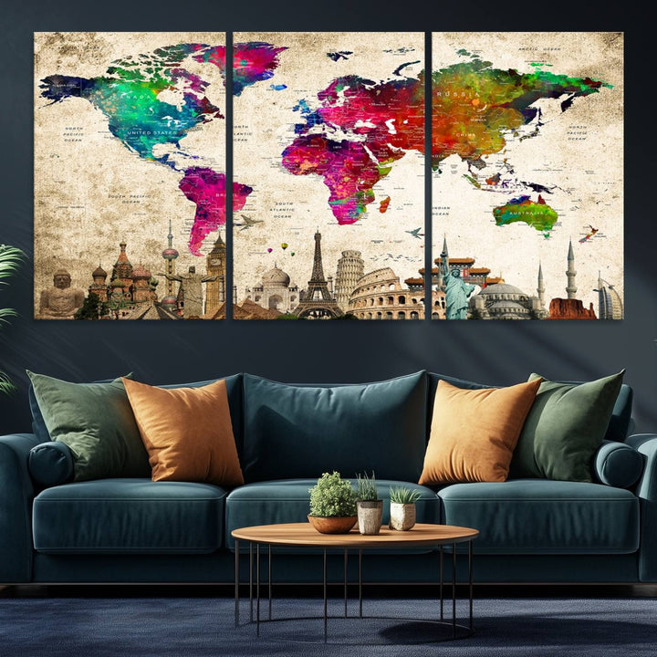 Colorful Canvas World Map Painting Wall Art Print