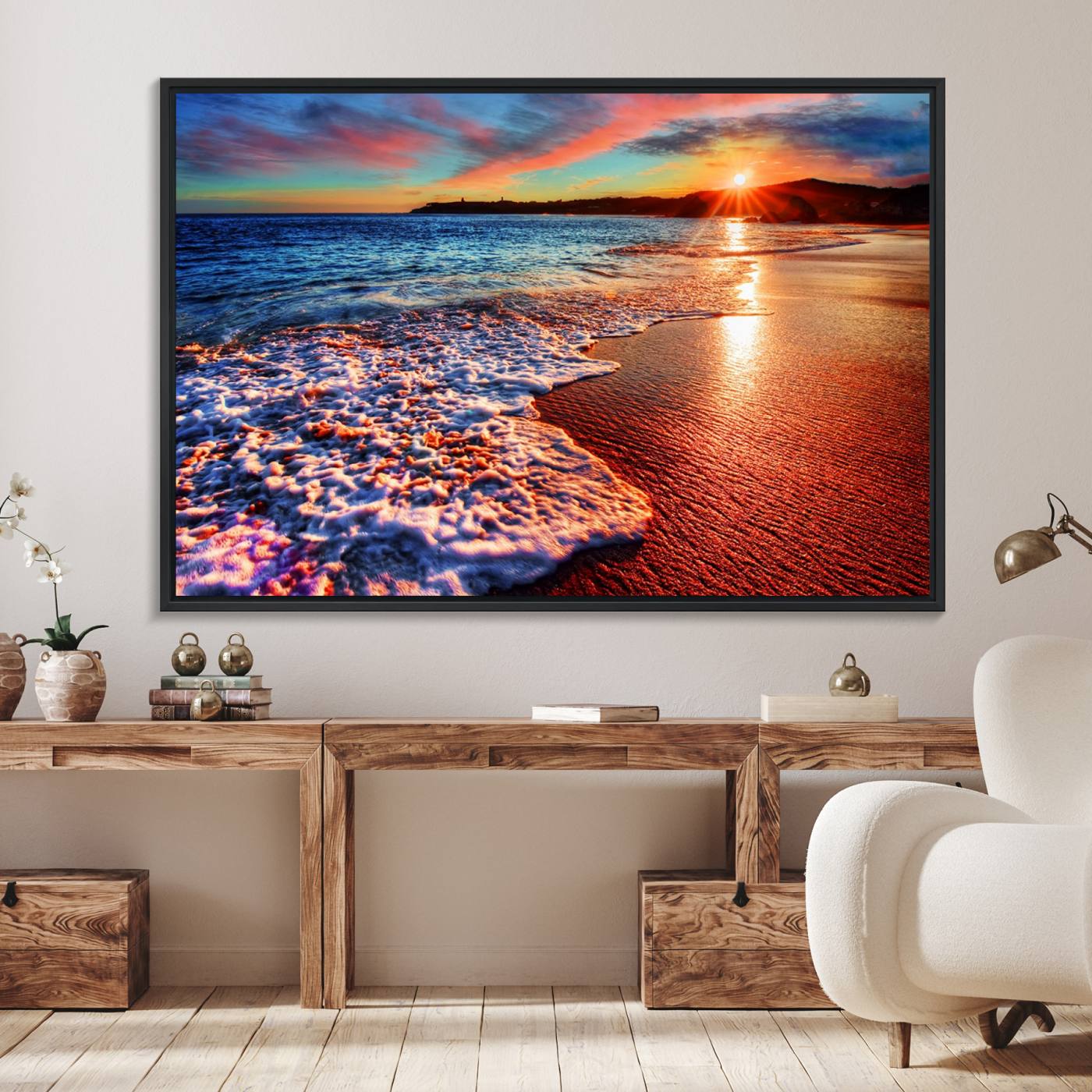 47729-MGV-FC-36X24_Black-Colorful Coastal Sunset on the Beach Canvas Print, Ocean Waves Crashing at Dusk, Multi-Panel Seascape Vibrant Coastal Wall Art Canvas Print