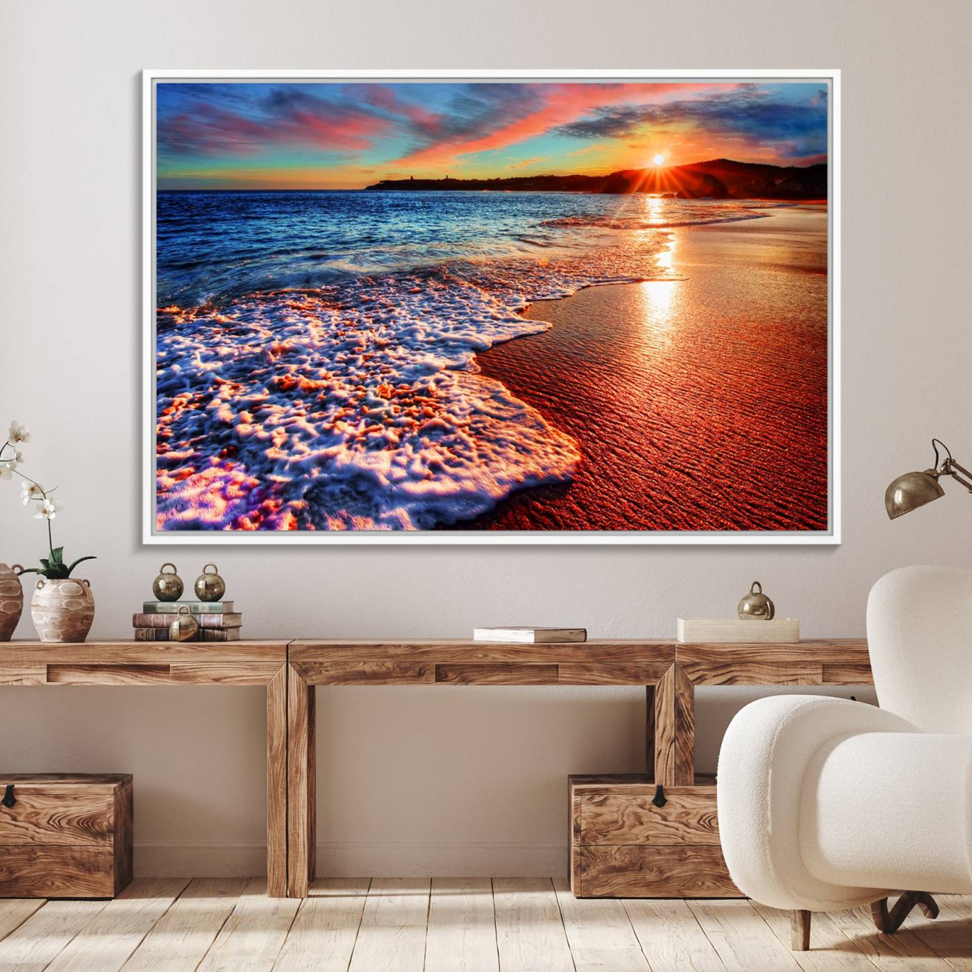 47729-MGV-FC-36X24_White-Colorful Coastal Sunset on the Beach Canvas Print, Ocean Waves Crashing at Dusk, Multi-Panel Seascape Vibrant Coastal Wall Art Canvas Print