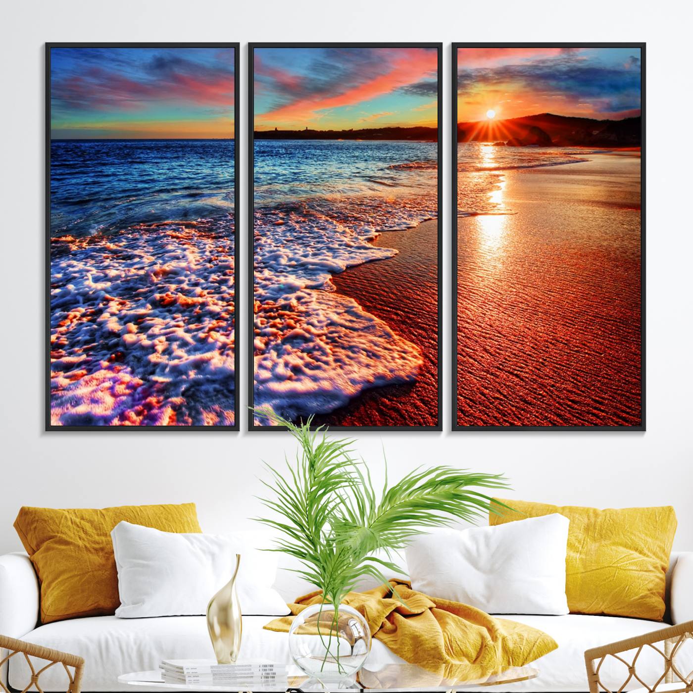 47729-MGV-FC-48X32-3P_Black-Colorful Coastal Sunset on the Beach Canvas Print, Ocean Waves Crashing at Dusk, Multi-Panel Seascape Vibrant Coastal Wall Art Canvas Print