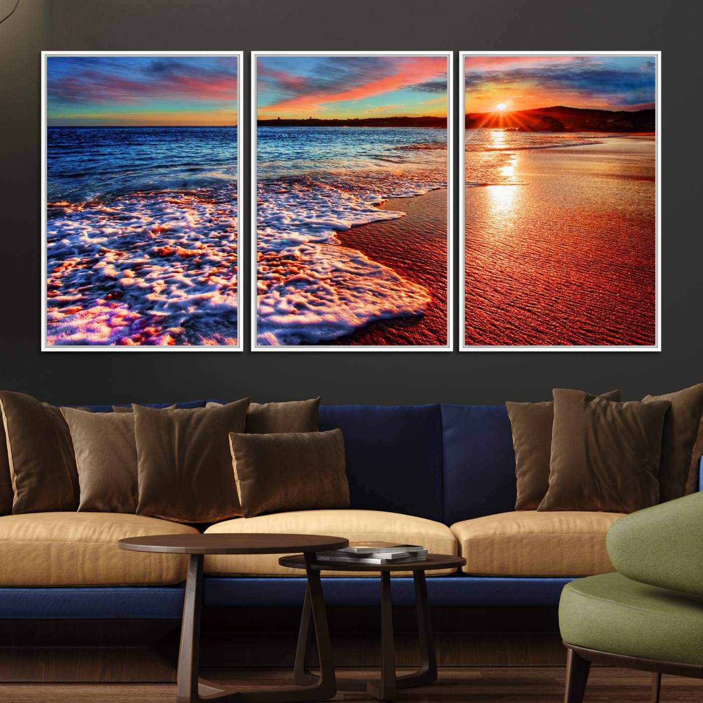 47729-MGV-FC-60X30-3P_White-Colorful Coastal Sunset on the Beach Canvas Print, Ocean Waves Crashing at Dusk, Multi-Panel Seascape Vibrant Coastal Wall Art Canvas Print