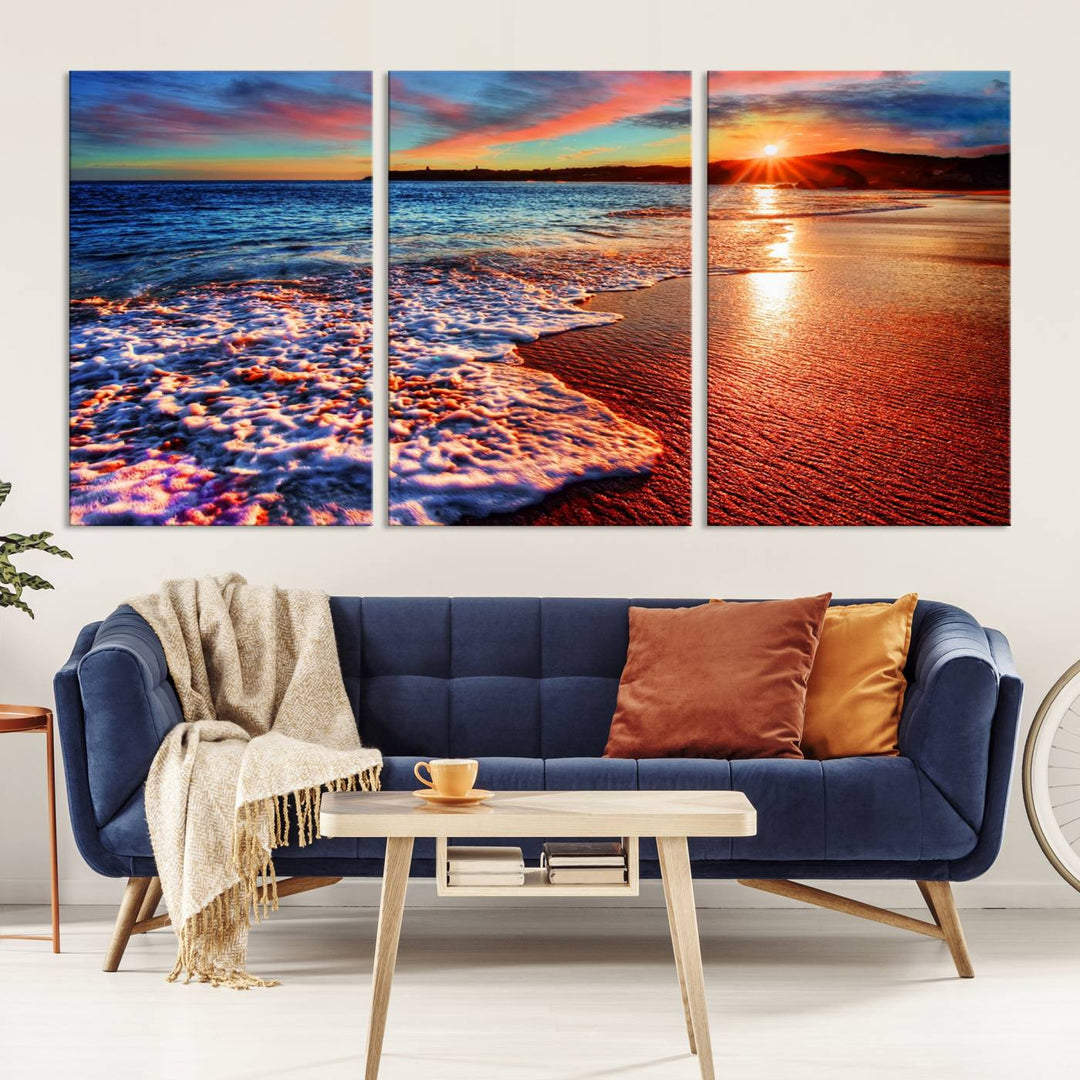 Colorful Coastal Sunset on the Beach Canvas Print, Ocean Waves Crashing at Dusk, Multi-Panel Seascape Vibrant Coastal Wall Art Canvas Print