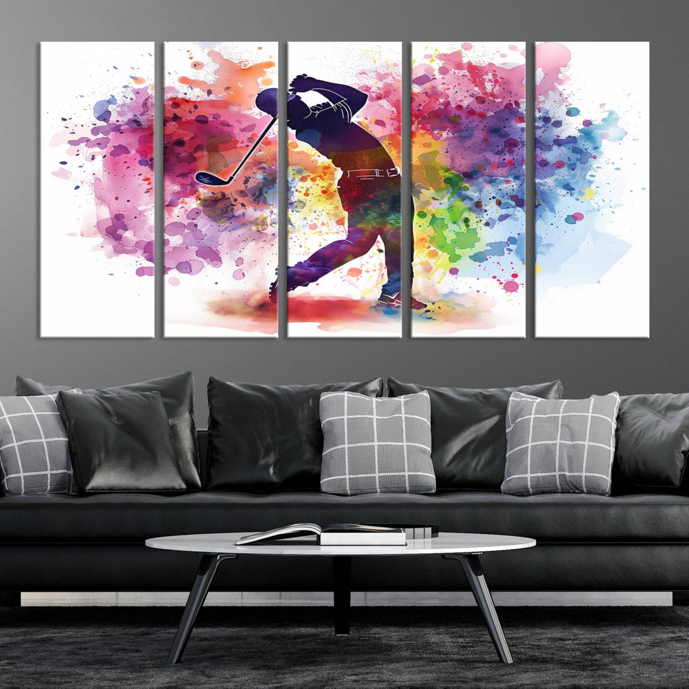 66537-MGV-CV-36X24-Colorful Golfer Swing Wall Art Canvas Print - Ready to Hang, Framed Sports Decor