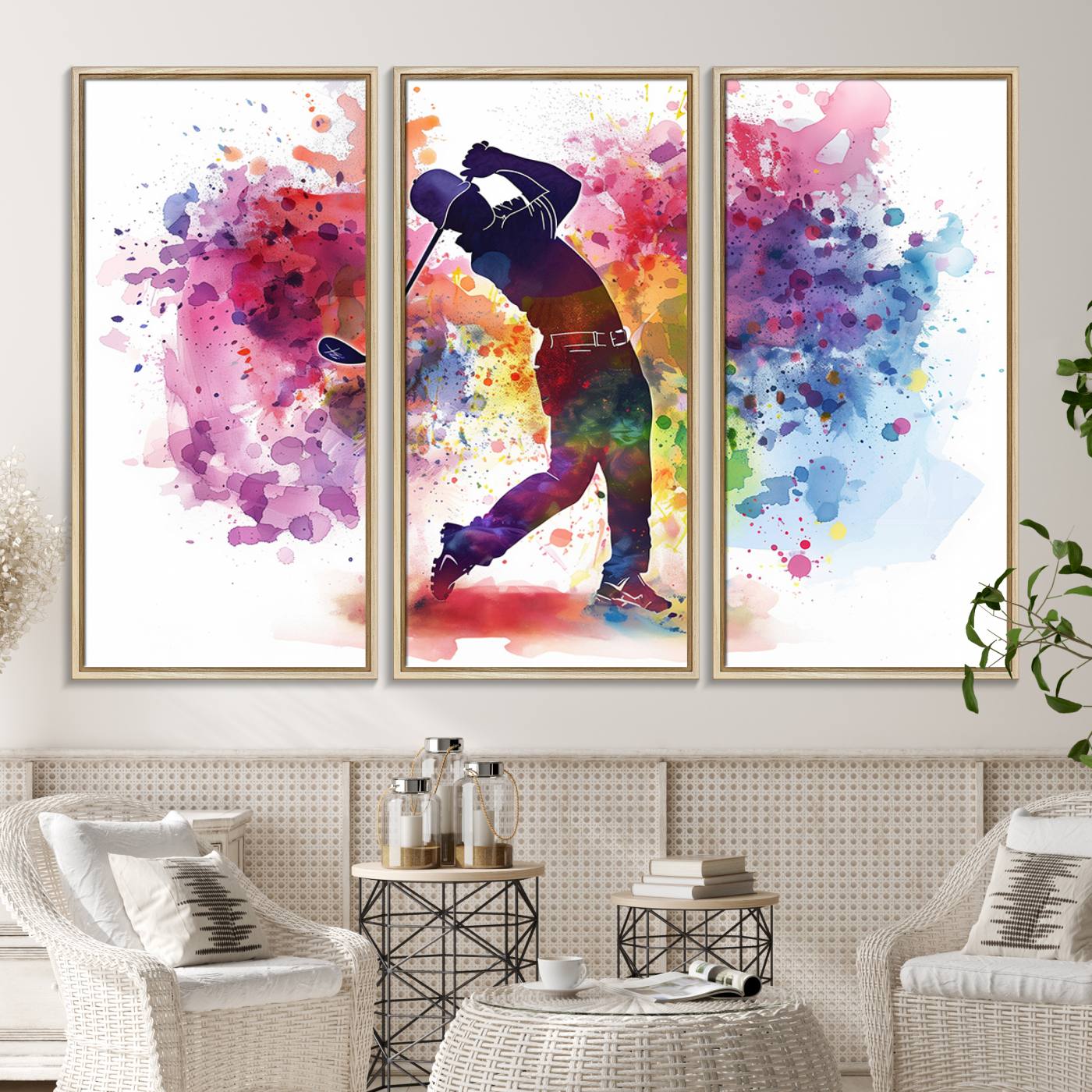 66537-MGV-CV-36X24-Colorful Golfer Swing Wall Art Canvas Print - Ready to Hang, Framed Sports Decor