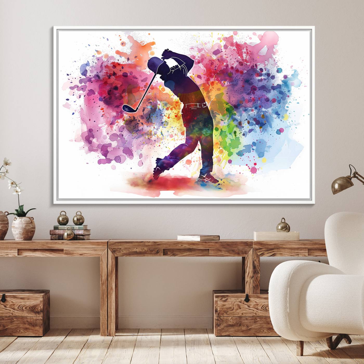 66537-MGV-FC-36X24_White-Colorful Golfer Swing Wall Art Canvas Print - Ready to Hang, Framed Sports Decor