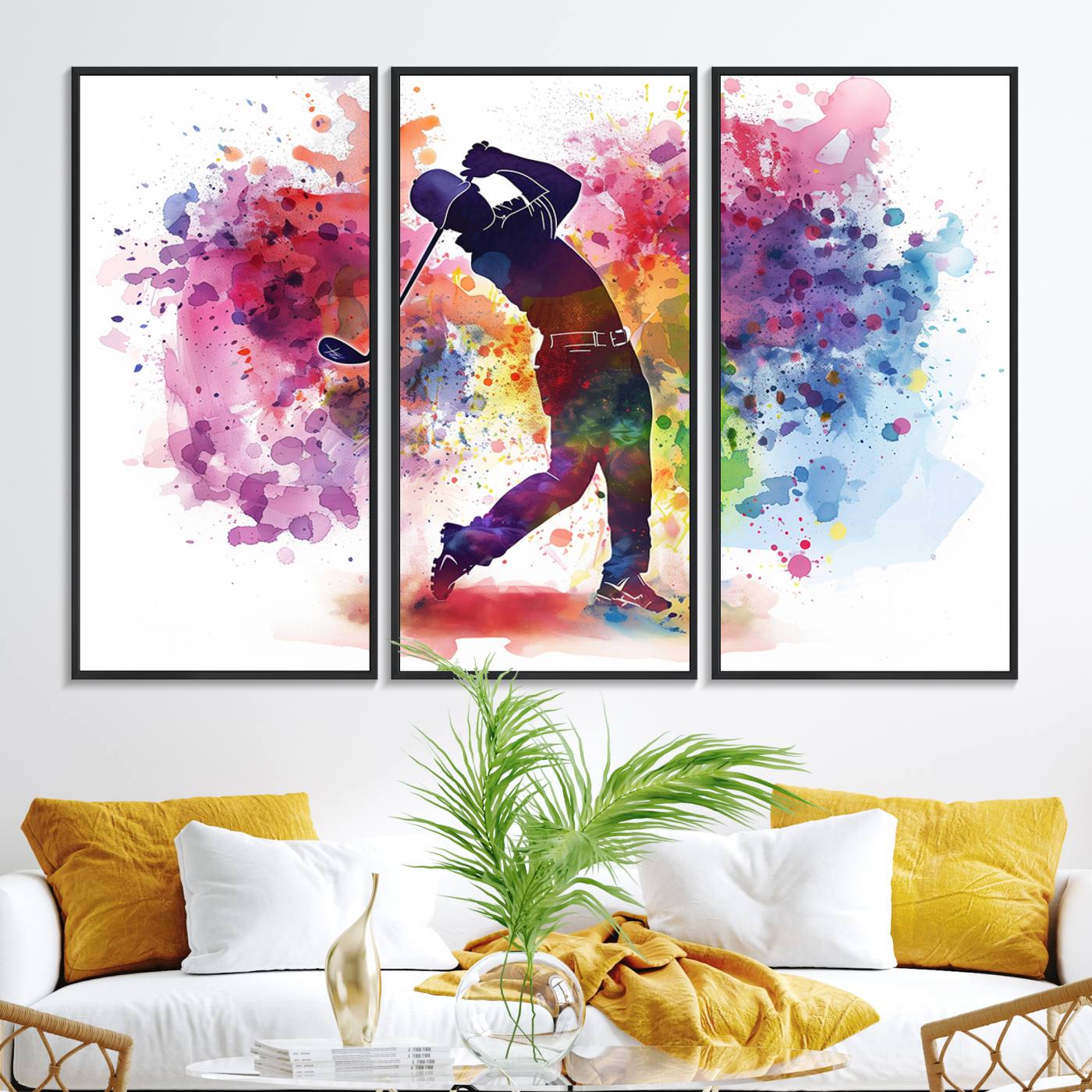 66537-MGV-FC-48X32-3P_Black-Colorful Golfer Swing Wall Art Canvas Print - Ready to Hang, Framed Sports Decor
