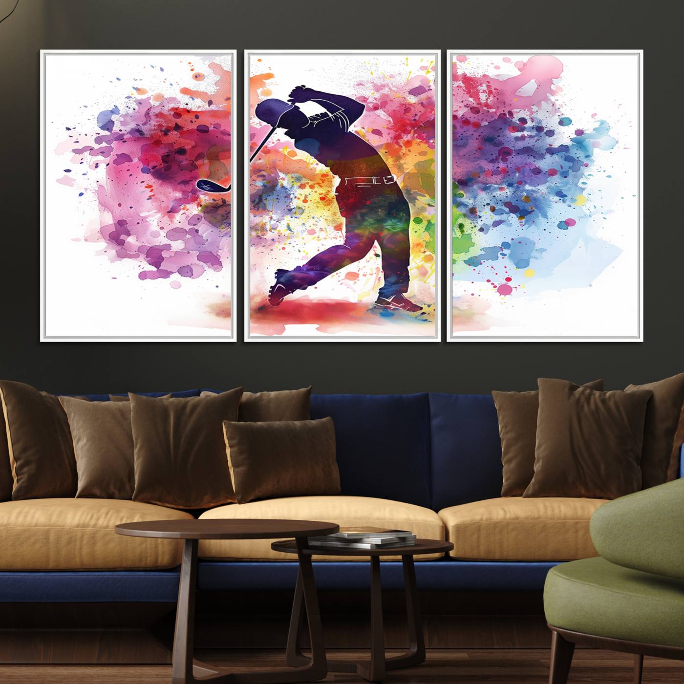 66537-MGV-FC-60X30-3P_White-Colorful Golfer Swing Wall Art Canvas Print - Ready to Hang, Framed Sports Decor