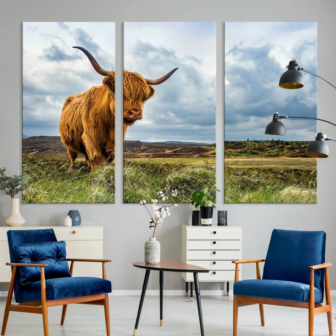 The "Colorful Highland Cow Canvas Art Print Multi Panel Wall Art Animal Picture Canvas" showcases a highland cow set in a picturesque landscape across three panels, printed on museum-quality canvases.