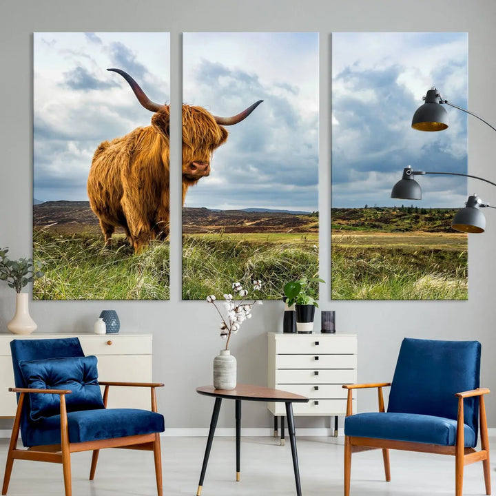 The "Colorful Highland Cow Canvas Art Print Multi Panel Wall Art Animal Picture Canvas" showcases a highland cow set in a picturesque landscape across three panels, printed on museum-quality canvases.