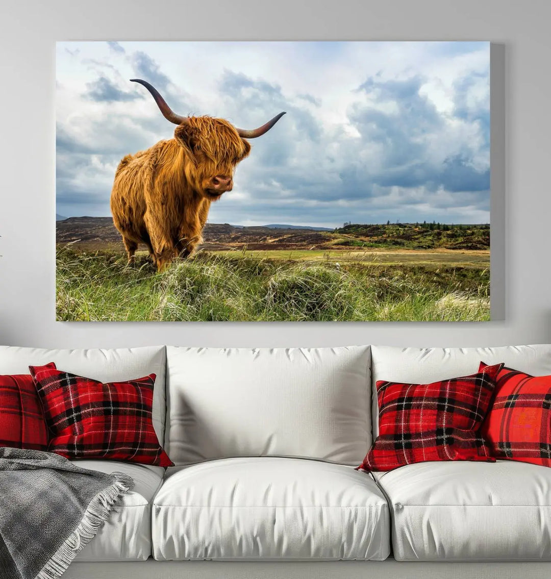 The "Colorful Highland Cow Canvas Art Print Multi Panel Wall Art Animal Picture Canvas" showcases a highland cow set in a picturesque landscape across three panels, printed on museum-quality canvases.