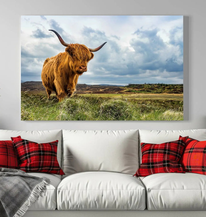 The "Colorful Highland Cow Canvas Art Print Multi Panel Wall Art Animal Picture Canvas" showcases a highland cow set in a picturesque landscape across three panels, printed on museum-quality canvases.