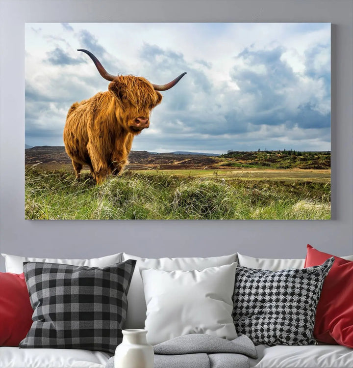 The "Colorful Highland Cow Canvas Art Print Multi Panel Wall Art Animal Picture Canvas" showcases a highland cow set in a picturesque landscape across three panels, printed on museum-quality canvases.