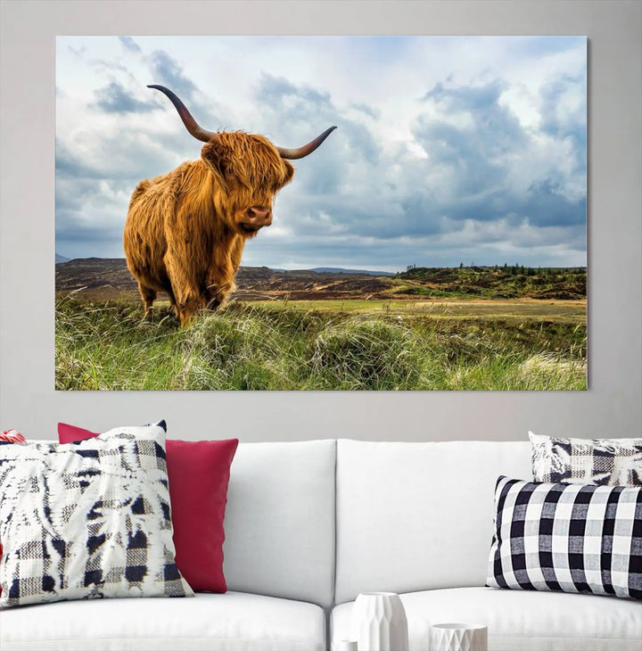 The "Colorful Highland Cow Canvas Art Print Multi Panel Wall Art Animal Picture Canvas" showcases a highland cow set in a picturesque landscape across three panels, printed on museum-quality canvases.