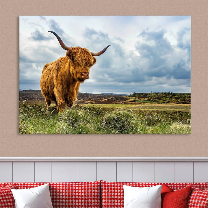 The "Colorful Highland Cow Canvas Art Print Multi Panel Wall Art Animal Picture Canvas" showcases a highland cow set in a picturesque landscape across three panels, printed on museum-quality canvases.