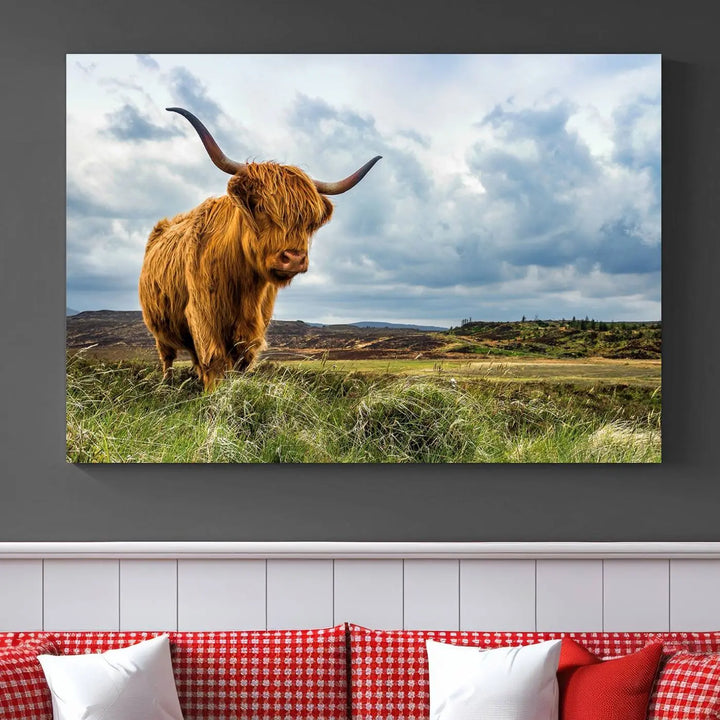 The "Colorful Highland Cow Canvas Art Print Multi Panel Wall Art Animal Picture Canvas" showcases a highland cow set in a picturesque landscape across three panels, printed on museum-quality canvases.