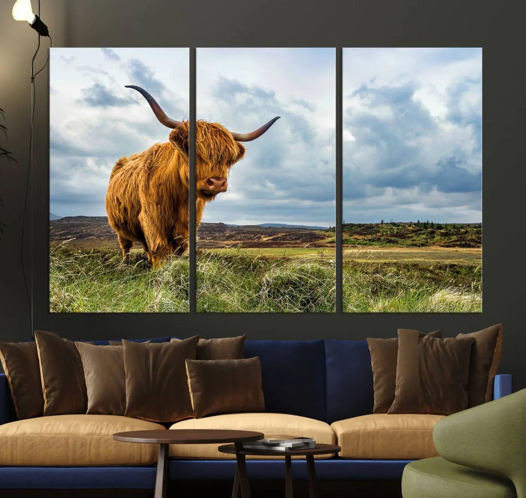 The "Colorful Highland Cow Canvas Art Print Multi Panel Wall Art Animal Picture Canvas" showcases a highland cow set in a picturesque landscape across three panels, printed on museum-quality canvases.